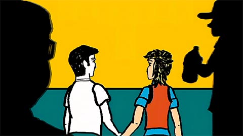 A young couple holding hands in a digital illustration, flanked by silhouettes of party-goers